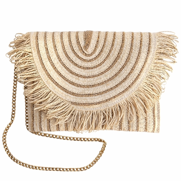 Urban Expressions Handbags - 🌴 Urban Expressions Boho Straw Striped Fringe Clutch - Crossbody Cream and Gold